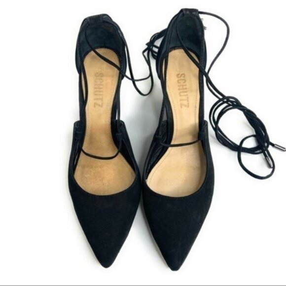 Schutz Black Suede Lace Up Wedges Pointed Toe - Picture 2 of 7